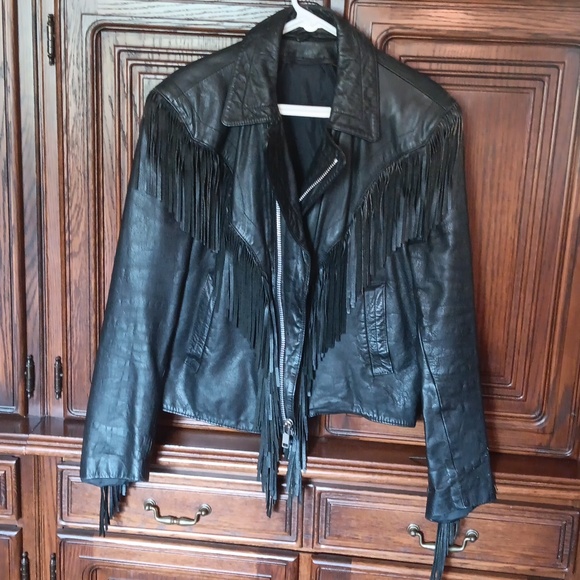 Leather biker Jacket,  S 38, Black Fringed - Picture 2 of 5